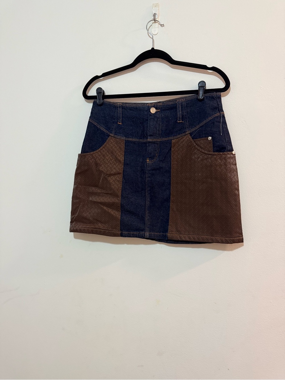 Avec Les Filles Blue Denim and Brown Panel Mini Skirt